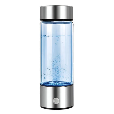 Clear HydroLumi water bottle with active hydrogen generation, visible as blue bubbles.